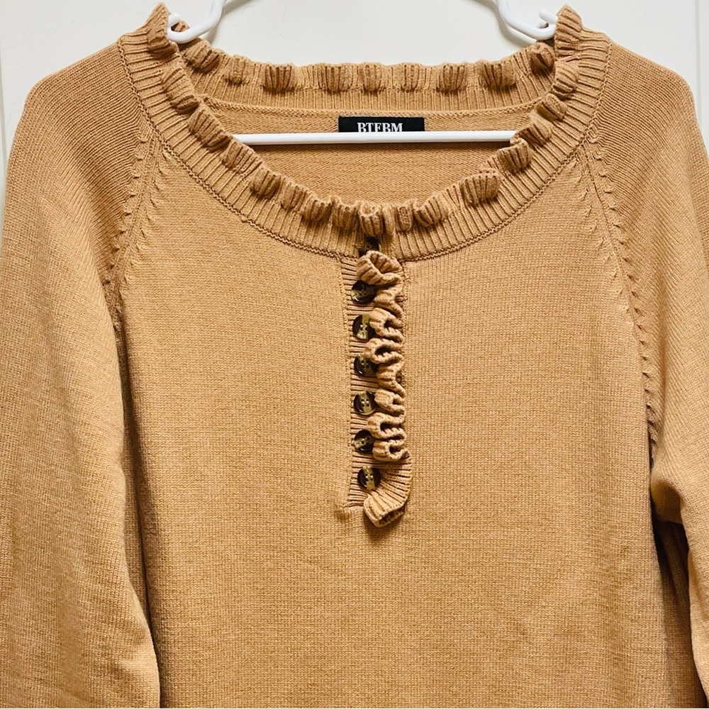 Betem Crewneck Sweater in Camel with Ruffle Trim